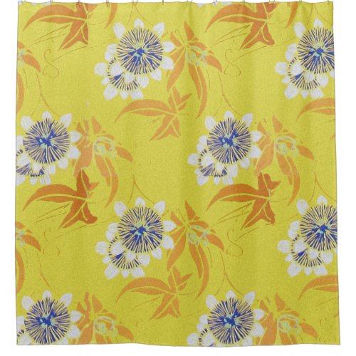 BLUE WHITE PASSION FLOWERSORANGE LEAVES IN YELLOW SHOWER CURTAIN