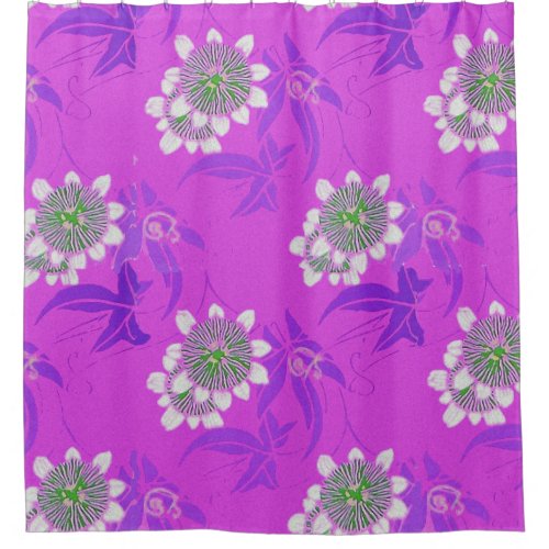 BLUE WHITE PASSION FLOWERSORANGE LEAVES IN YELLOW SHOWER CURTAIN