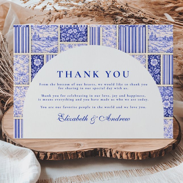 Blue White Patchwork Toile Wedding Thank You Card (Creator Uploaded)