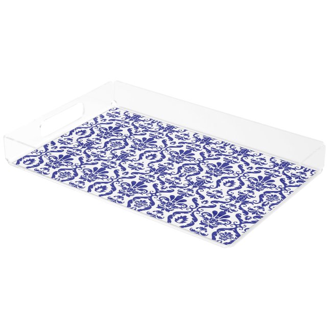 blue white pattern large rectangle serving tray (Angled)
