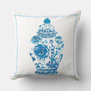 Blue White Pattern Monogrammed Elegant Ginger Jar Throw Pillow