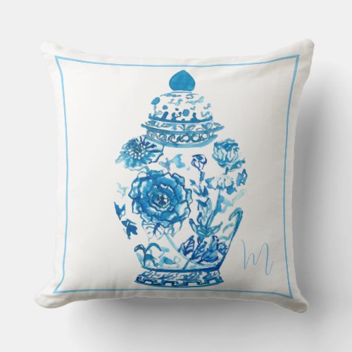 Blue White Pattern Monogrammed Elegant Ginger Jar  Throw Pillow