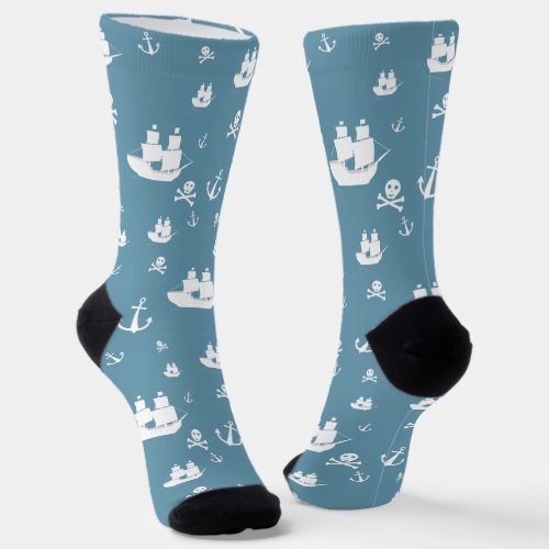 Blue White Pattern Ship Anchor Pirate Socks