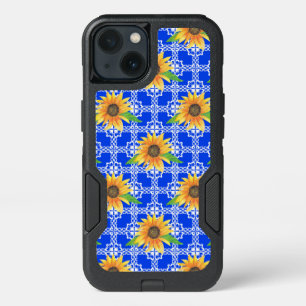 BLUE & WHITE PATTERN WITH ORANGE SUNFLOWERS iPhone 13 CASE