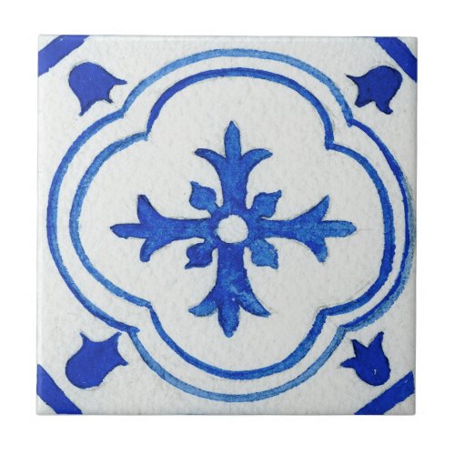 Blue White Patterned Mediterranean Watercolor Ceramic Tile