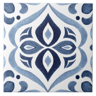 Blue & White Patterned Watercolor Mediterranean Ceramic Tile