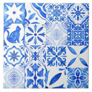 Blue & White Patterned Watercolor Mediterranean Ceramic Tile