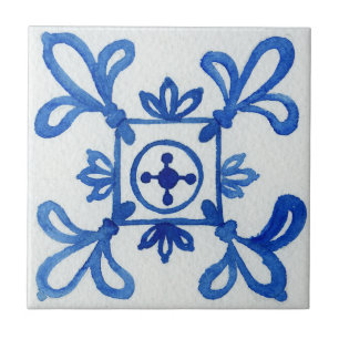 Blue & White Patterned Watercolor Mediterranean Ceramic Tile