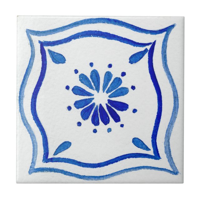 Blue & White Patterned Watercolor Mediterranean Ceramic Tile (Front)