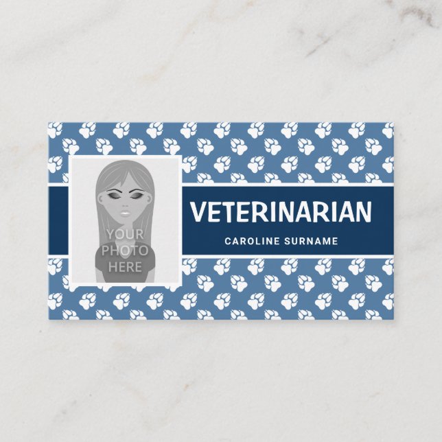 Blue & White Paws With Your Own Photo Veterinarian Business Card (Front)