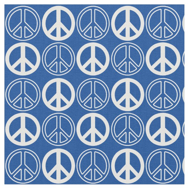 Blue | White Peace Sign and Outlines Pattern Fabric (Close Up)