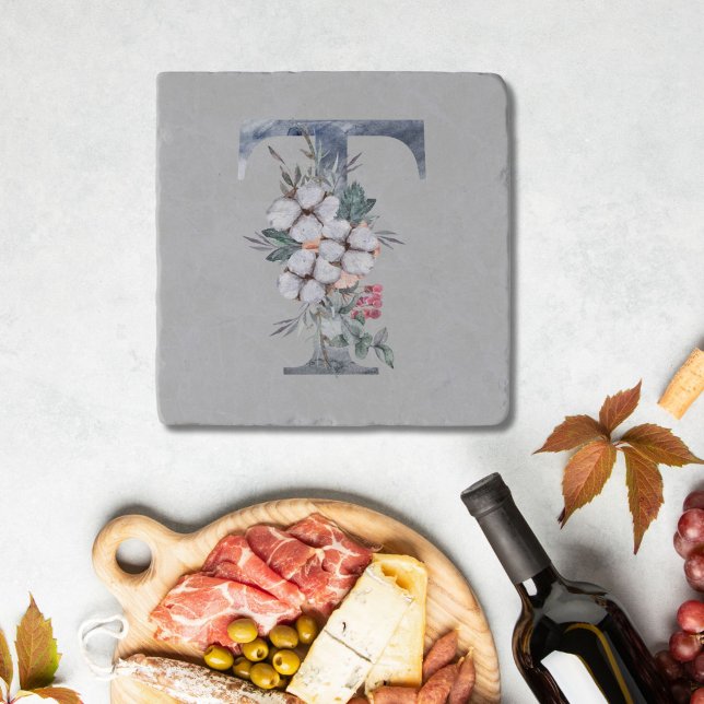 Blue White Peach Pink Floral Monogram T Initial T Trivet (Monogram T Blue Peach Pink White floral Watercolor Trivet)