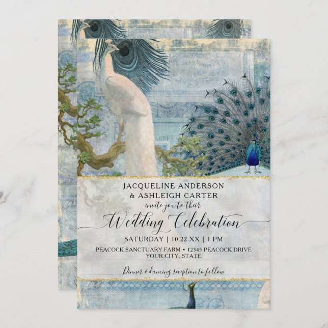 Blue White Peacock Elegant Vintage Script Monogram Invitation (Front/Back)