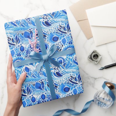 Blue White Peacock Feathers Bridal Shower Wrapping Paper