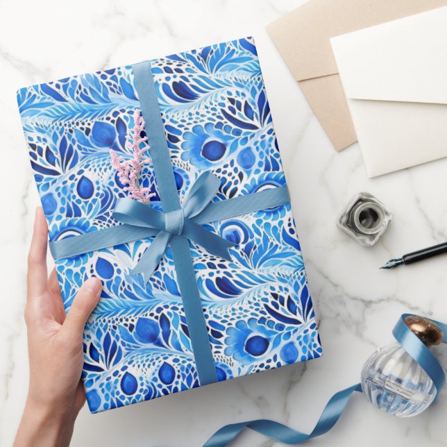 Blue White Peacock Feathers Bridal Shower Wrapping Paper (Gifting)