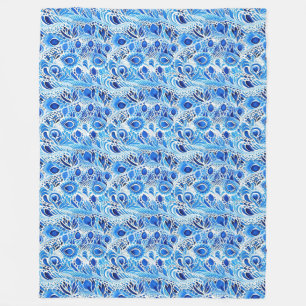 Blue White Peacock Feathers Christmas Fleece Blanket