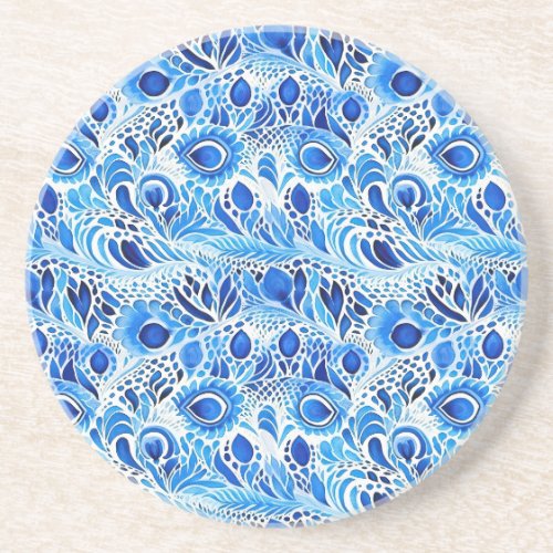 Blue White Peacock Feathers Coaster