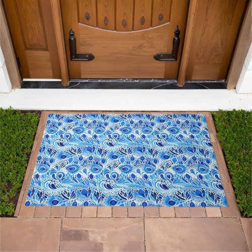 Blue White Peacock Feathers Doormat