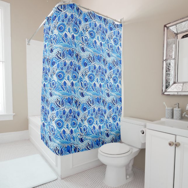 Blue White Peacock Feathers Shower Curtain (In Situ)