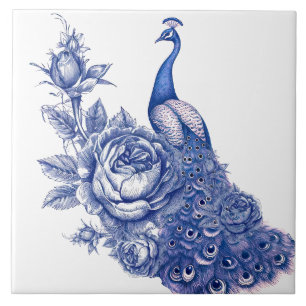 Blue White Peacock Rose Ceramic Tile