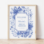 Blue White Peony Chinoiserie Bridal Shower Welcome Poster at Zazzle