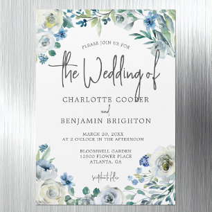 Blue White Peony Floral Chic Spring Garden Wedding Magnetic Invitation