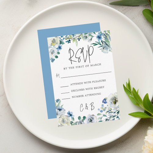 Blue White Peony Floral Chic Spring Garden Wedding RSVP Card