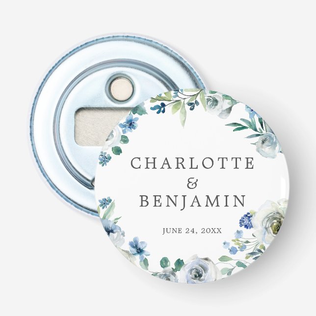 Blue White Peony Floral Custom Spring Wedding Bottle Opener (Front)