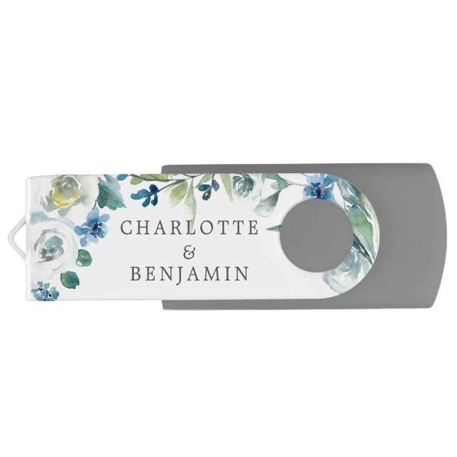 Blue White Peony Floral Custom Spring Wedding Flash Drive (Back)