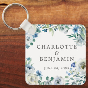 Blue White Peony Floral Custom Spring Wedding Keychain