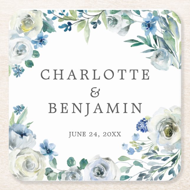 Blue White Peony Floral Custom Spring Wedding Square Paper Coaster (Front)