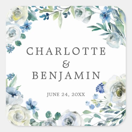 Blue White Peony Floral Custom Spring Wedding Square Sticker