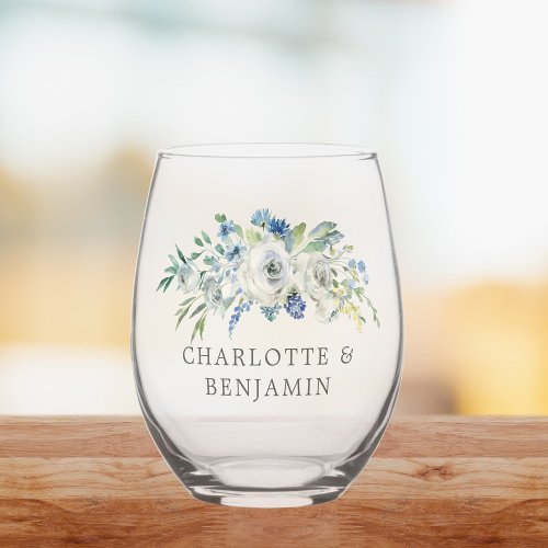 Blue White Peony Floral Custom Spring Wedding Stemless Wine Glass