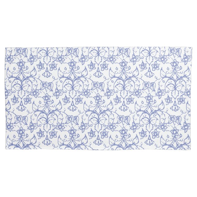 Blue White Periwinkles Floral Lace-like Pattern Pillow Case (Front-Left)