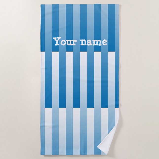 Blue White Personalize Striped Pattern Beach Towel (Front)