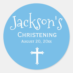 Blue White Personalized Christening Sticker Cross