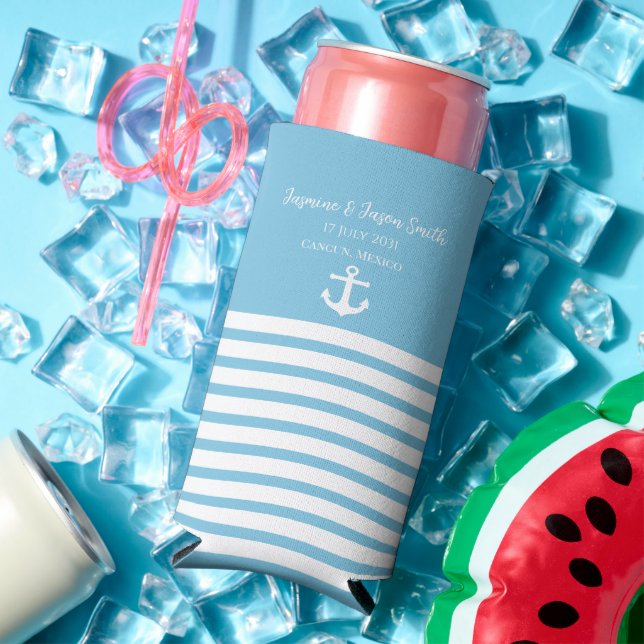 Blue White Personalized Destination Wedding Favor  Seltzer Can Cooler (In Situ Summer)