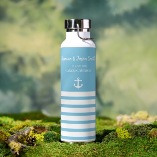 Blue White Personalized Destination Wedding Favor  Water Bottle