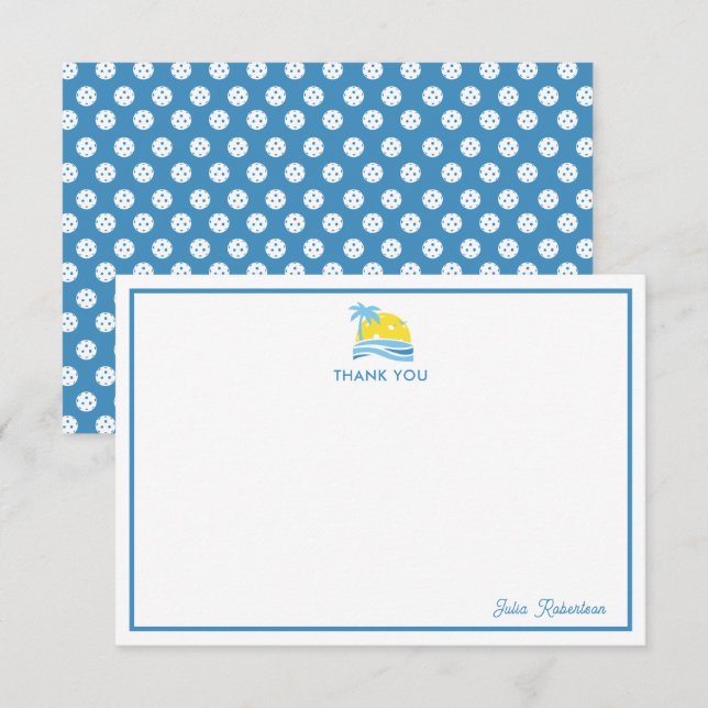 Blue White Personalized Monogram Pickleball Sun Thank You Card (Front/Back)