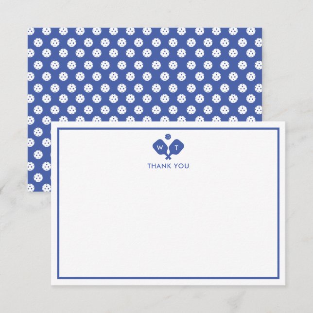 Blue White Personalized Monogram Pickleball  Thank You Card (Front/Back)