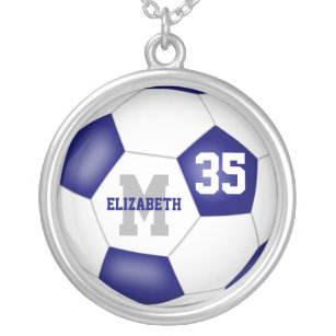 blue white personalized soccer silver plated necklace