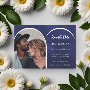Blue white photo arch wedding save the date