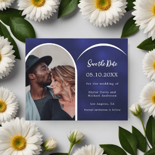 Blue white photo arch wedding Save the Date card