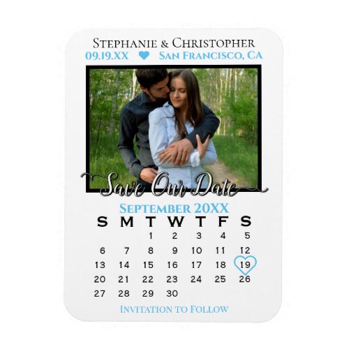 Blue  White Photo Calendar Save Our Date Wedding Magnet