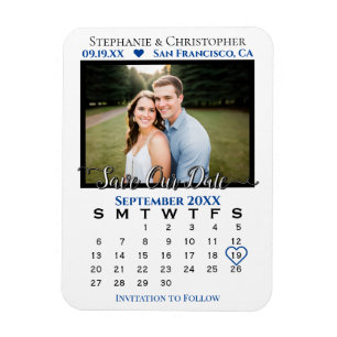 Blue & White Photo Calendar Save Our Date Wedding Magnet