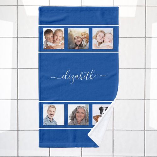 Blue white photo collage monogram script hand towel 