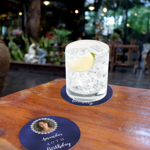 Blue white photo diamonds round paper coaster