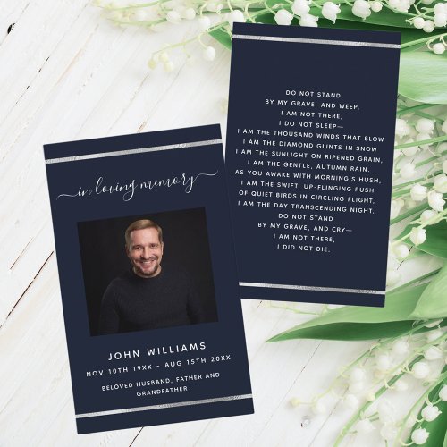 Blue white photo elegant funeral prayer card