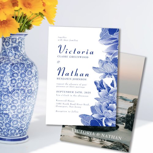 Blue  White Photo Floral Chinoiserie Wedding  Invitation