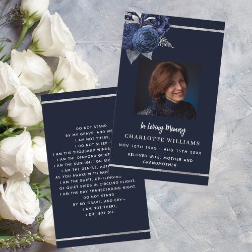 Blue white photo floral funeral prayer card